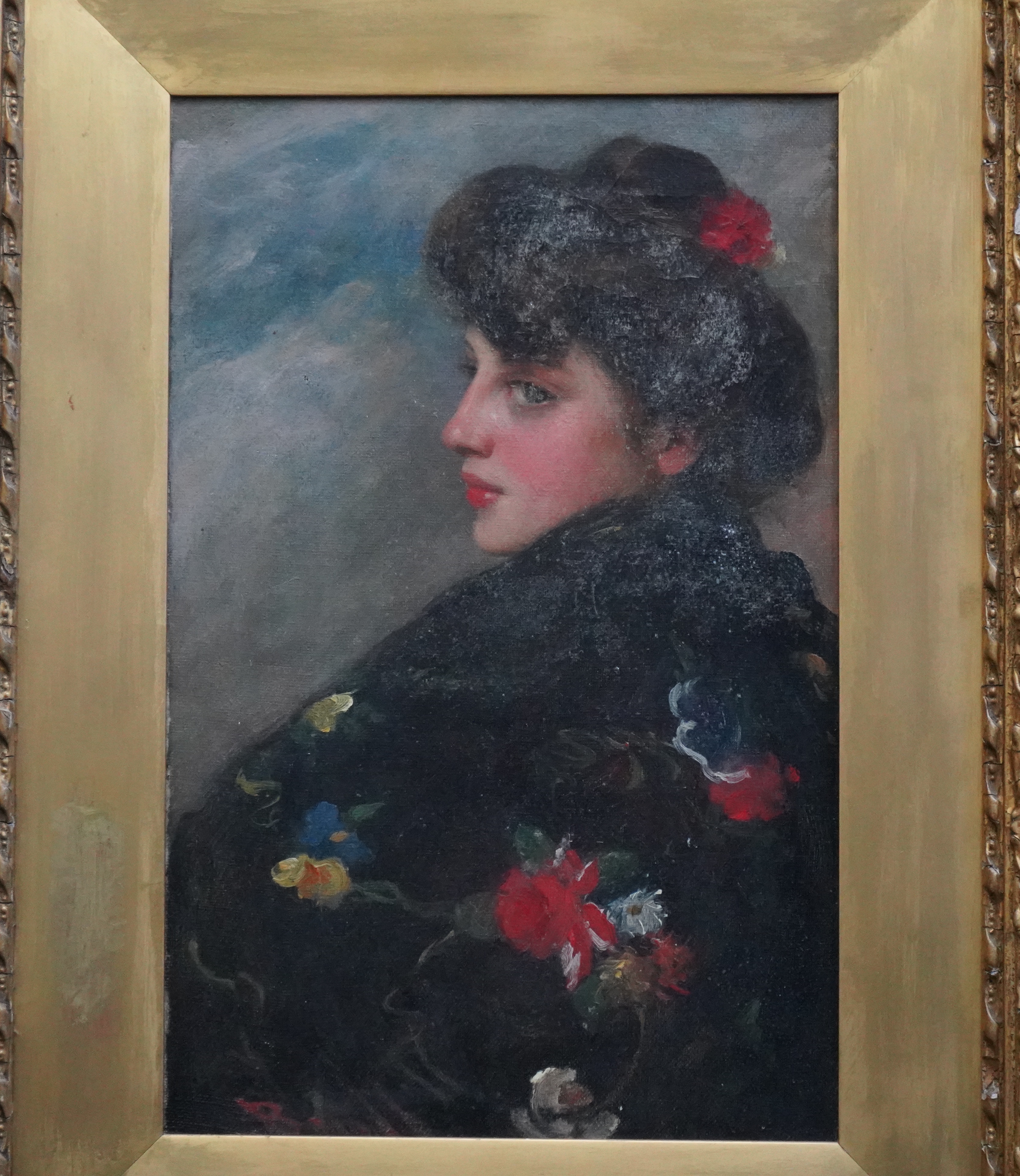 19th Century French School , Portrait of a young lady wearing a floral shawl, oil on canvas, 37 x 24cm